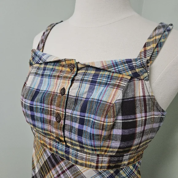 Old Navy Plaid Earthy Spring Dress Bias Cut Preppy Y2K Retro Brown Yellow - Picture 4 of 12